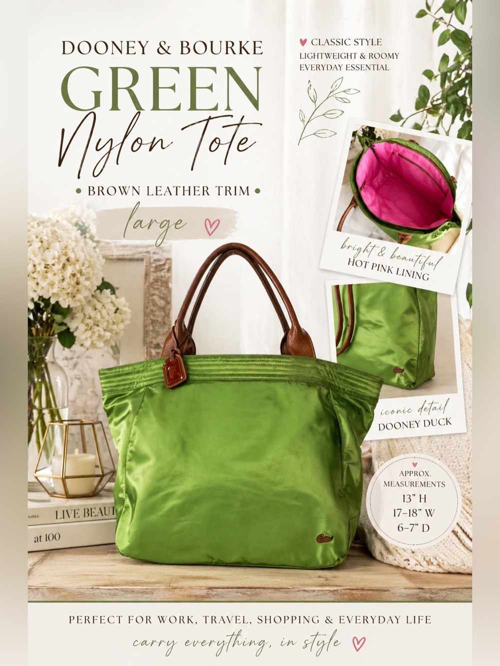 Dooney & Bourke Green Nylon Tote Bag Brown Leather Trim Large